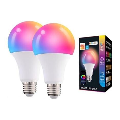 Ampoule intelligente,ampoule WiFi intelligente à intensité variable et à changement de couleur,compatible avec Alexa et Google Home,culot E27, 60 W,prend uniquement en charge la bande 2,4 GHz,lot de 2