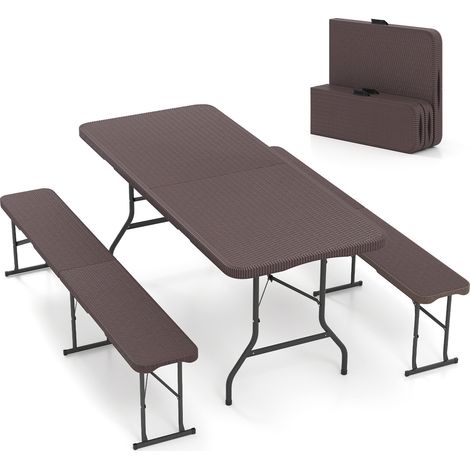 Folding garden table in rattan look + Folding beer bench in rattan look with carrying handle Coffee set (1/5)