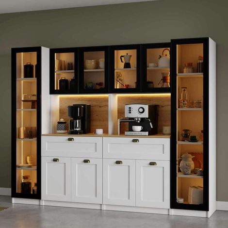 Grand vaisselier de cuisine à LED 10 portes décor blanc et noir AURA (1/5)