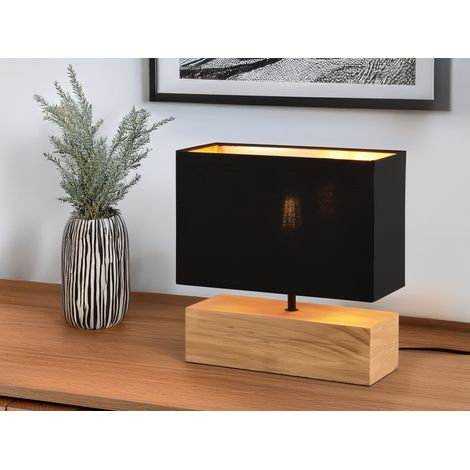 LED Tischleuchte Holzfuß Stoffschirm Schwarz/Gold, Höhe 30cm (1/5)