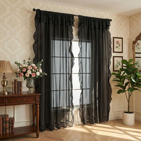 JSSEVN - Light-permeable, waterproof balcony/living room window curtain, black, 140 x 220 cm, 2 pieces (1/5)