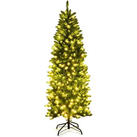 COSTWAY Sapin de Noël Artificiel 150cm avec Lumières Blanc Chaud 300 Branches,Support en Fer Robuste,Installation Facile (1/5)