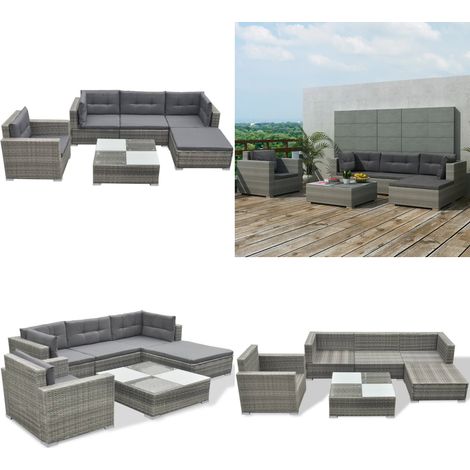 6-tlg. Garten-Lounge-Set mit Auflagen Poly Rattan Grau - Garten-Sofagarnitur - Garten-Sofagarnituren - Home & Living (1/5)