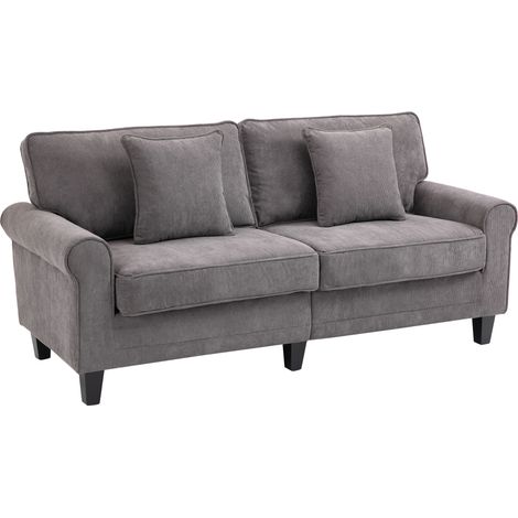 HOMCOM Canapé 3 places en tissu velours côtelé, canapé salon, 197 cm, avec accoudoirs et dossier rembourrées, canapé avec 2 oreillers, pieds en bois massif de pin, pour salon, chambre, bureau, gris (1/5)
