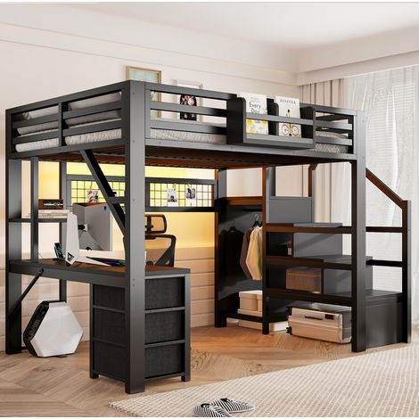 Letto a soppalco per adulti/bambini 140x200 cm con scrivania, illuminazione a LED, 3 cassetti, contenitore e armadio, struttura in metallo e MDF, nero (1/5)