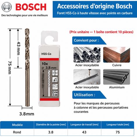 Foret hélicoïdal HSS-Co au cobalt perçage inox et métaux 3.8mm 12 34 1 × 1 × 1 cm 1 g – Livraison gratuite