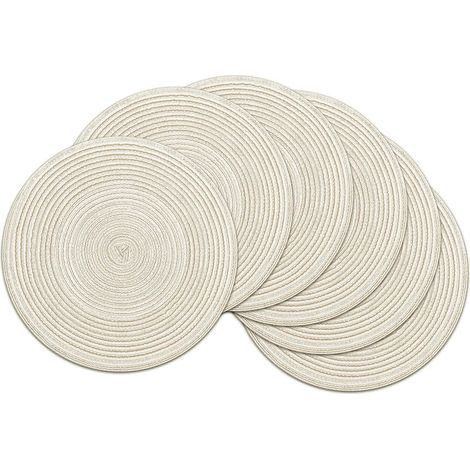 Lot de 6 sets de table ronds tressés en coton lavable, résistants à la chaleur, 38 cm, ivoire. (1/5)