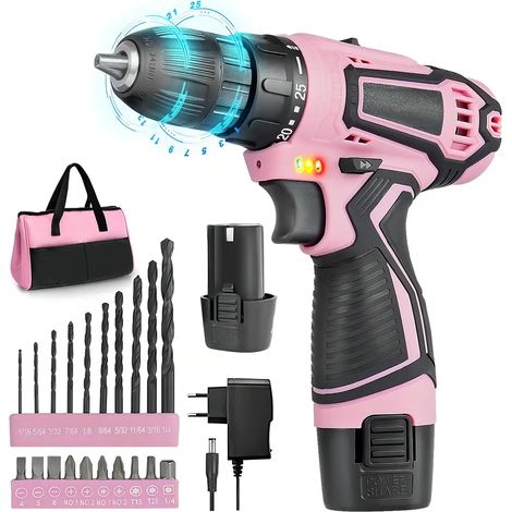 Perceuse Visseuse Sans Fil 12V Rose, Sac de Rangement, 20 Accessoires et Batterie, 20Nm, 25+1 Réglages de Couple, 2 Vitesse, pour la Bricolage Saint-Valentin (1/5)