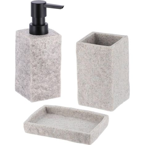 1 Set - Gobelet - Distributeur Savon - Porte-savon - Polyresine Effet Pierre - Salle De Bain - Gris - 3 Pieces