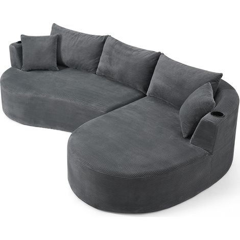 3-Sitzer Ecksofa aus grauem Cord-Samtstoff mit Zeitschriftenfach und Kissen (1/5)