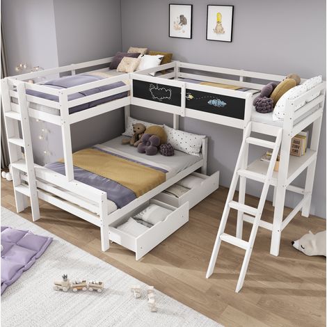 Kinderhochbett 140x200 cm Weiß/Oak Massivholz mit Schreibtisch, Schubladen und Treppe (1/5)