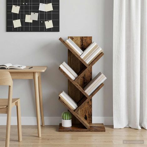 Étagère à livres arbre 4 niveaux en bois d’ingénierie bois ancien 30 x 18 x 60 cm - PANGIVO (1/5)