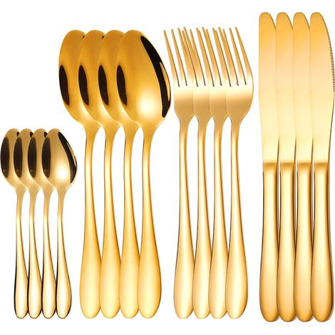 Set di posate in acciaio inox color oro, 24 pezzi, per 6 persone.