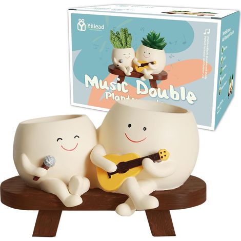 Pot de Fleurs en résine avec Motif Smiley à Double tête de Guitare,Pot de Fleurs Unique pour l'extérieur et l'intérieur,avec Trou de Drainage,Cadeaux pour Papa et Maman (1/5)