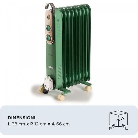Ariete Linea Vintage 8251 Radiatore a olio Vintage, 9 elementi riscaldanti, 2000W, 3 livelli di potenza, Maniglia e ruote per facile trasporto, Verde