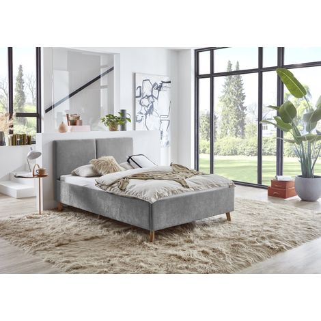 Meise Möbel Polsterbett Piano 140x200 cm Doppelbett Bettgestell Kopfteil mit tiefem Einzug Strukturstoff Grau Holzfuß eichefarbig (1/5)
