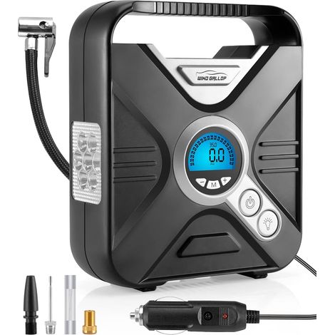 Compresseur à Air Portable Gonfleur Electrique Gonfleur Pneu Voiture Mini Compresseur 12v portatif Voiture Pompe A Velo avec Manomètre, Adaptateurs De Valve Et éclairage LED