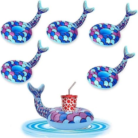 Lot de 6 porte-gobelets gonflables réutilisables en forme de sirène, parfaits pour une fête d'été à la piscine. (1/4)