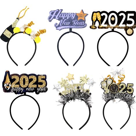 Lot de 6 bandeaux paillettes "Happy New Year" 2025, accessoire de fête noir et doré pour le réveillon. (1/5)