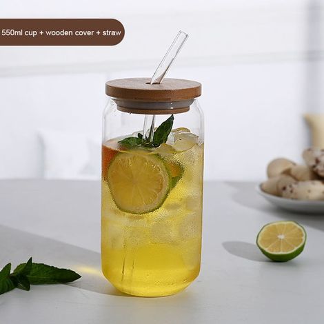 Bocal Mason - Verre 550 ml - Couvercle en Bambou - Paille Incluse - Usage Polyvalent - 1 Pièce (1/5)