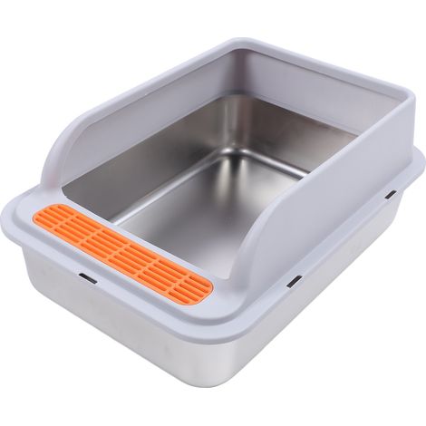 Grand bac à litière en métal, en acier inoxydable, anti-éclaboussures, à bords hauts, avec filtre à pédale, pour chats d'intérieur, gris clair. (1/5)