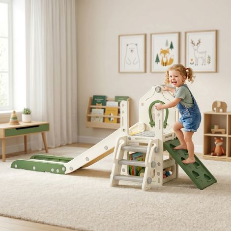 Toboggan enfant pliable crème 4-en-1, composé d’un escalier de grimpe, panier de basket, espace de rangement pour jouets et balle de jeu fournie (1/5)