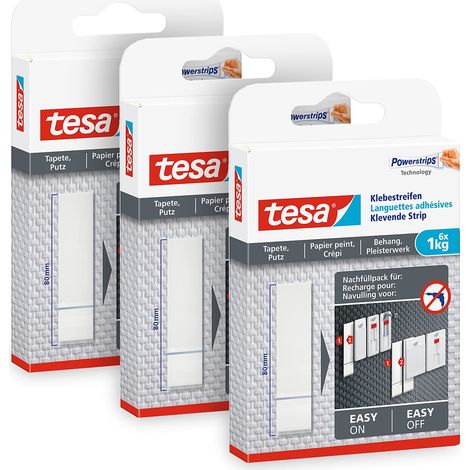 tesa Strisce adesive per carta da parati e intonaco, in confezione da 3 pezzi – Strisce adesive per unghie tesa per carta da parati e intonaco – 1 kg di potenza per striscia – 3 x 6 strisce