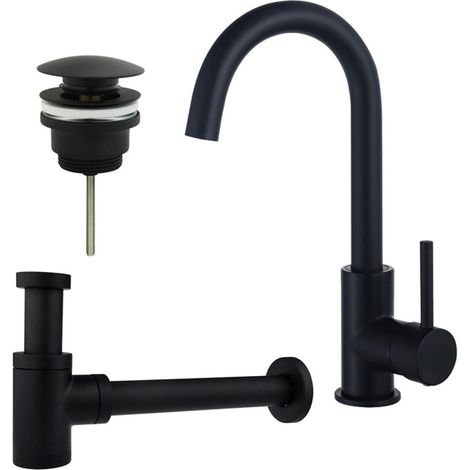 Fortifura Calvi Kit robinet lavabo - robinet haut - bec rotatif - bonde clic clac - siphon design bas - Noir mat