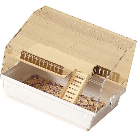 Cage transparente pour petits animaux avec cabane en bois et escalier, habitat de divertissement, convient aux hamsters nains et aux souris de compagnie, blanche. (1/5)