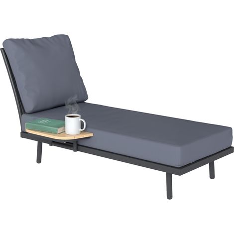 Chaise longue de jarden avec coussens en oléfene lavables et tablette latérale, structure en métal, 58 x 137 x 75 cm, grise (1/5)