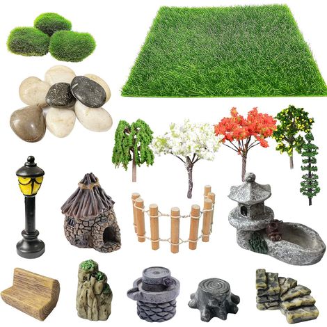 Lot de 26 mini accessoires de jardin zen, herbe artificielle, arbres modèles, décorations de terrarium, fournitures de maison de poupée, kit d'outils décoratifs pour bonsaï (1/5)