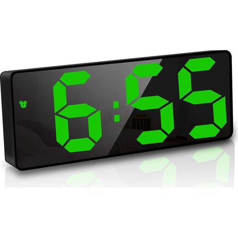 Réveil numérique, 6,7 pouces miroir LED horloge numérique réveil de chevet alarme matinale, activé par la voix/pas de tic/snooze/température/date heure luminosité réglable pour enfants adultes, vert (1/2)