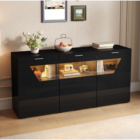 Buffet 3 portes 160 cm noir en panneaux de particules, LED pilotable et haute brillance - CHICFURN (1/5)