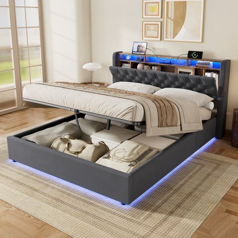 Lit coffre 160x200 cm en velours gris foncé avec tête de lit et rangement HAVRYA (1/5)