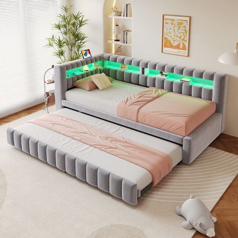 Cama Nido 90×200 cm, Cama Individual con Cama Extraíble, LED Regulable, USB, Tipo C y Estantes, sin Colchón, Gris Claro (1/5)