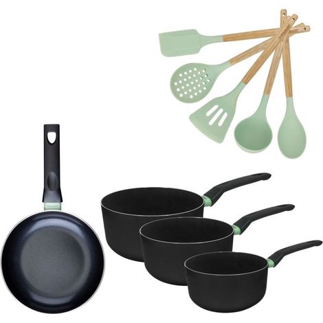 Lot 1 Poêle 24cm et 3 Casseroles 16/18/20cm Fackelmann Brandao avec 5 ustensiles Océan (1/5)