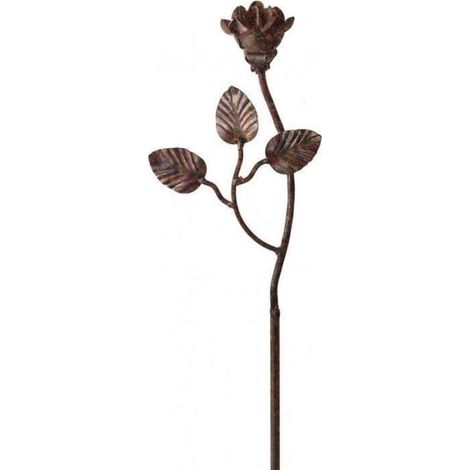 Rose With Leaves Rusty Metal Flower Stake 3 Pk 115cm Garden Pride (1/4)