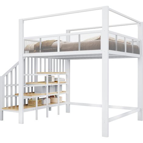 CHICFURN Cama alta 140x200 cm de metal con dosel, escalera con almacenaje, espacio de trabajo bajo la cama, cama elevada juvenil para dormitorio pequeño, blanca (1/5)