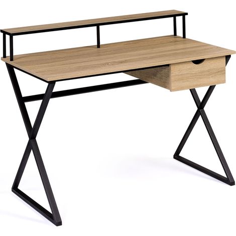 Idmarket – Bureau droit 1 tiroir ENZO – Longueur 110 cm x largeur 60 cm x hauteur 88 cm – Structure métal pieds croisés – Design industriel bi-matière