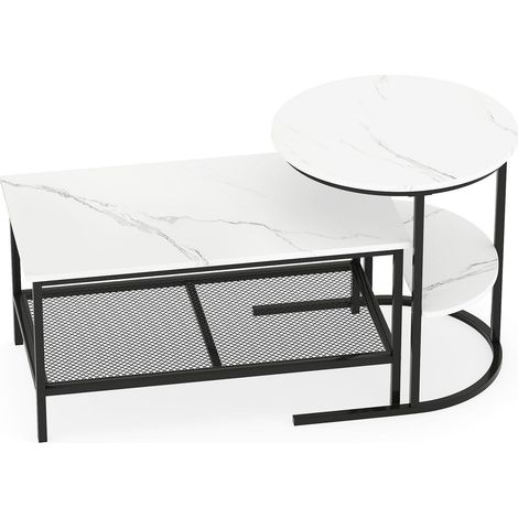 2-teiliges Couchtisch-Set mit Tischplatte in Marmoroptik, Schwarz