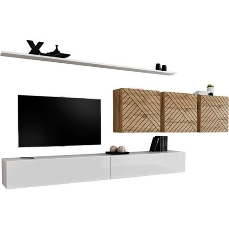 Conjunto de muebles de salón diseño colección SWITCH VII, color blanco y roble con acabados fresados.