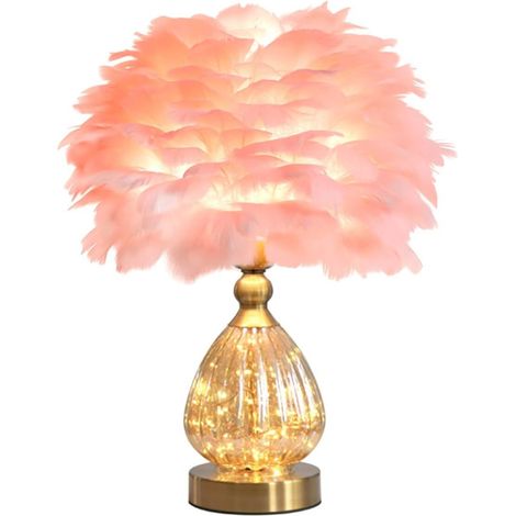 Lampe de table en plumes en cristal avec base de guirlande lumineuse, lampe de chevet de luxe en plumes romantiques, lampe de table en plumes, abat-jour pour chambre, cadeau de mariage (1/5)