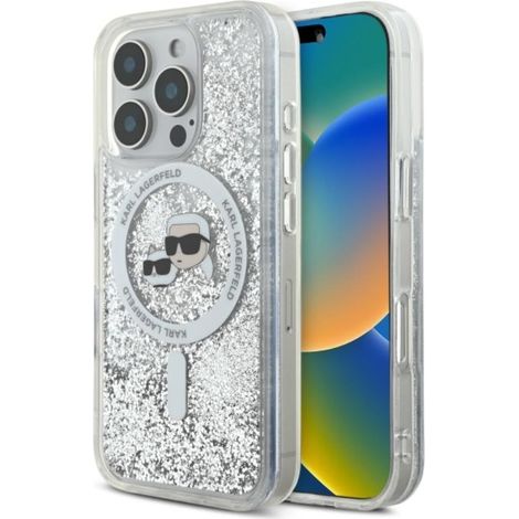 Custodia MagSafe per iPhone 16 Pro Max con glitter liquido Karl Lagerfeld e testa di Karl & Choupette (trasparente)