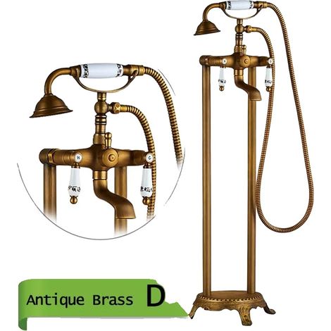 Robinet de baignoire monté au sol, à double poignée, avec douchette incluse, Laiton ancien D (1/2)