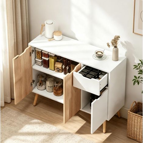 Buffet scandinave avec 2 portes et tiroir, 90 x 30 x 72 cm, blanc et chêne clair HAVRYA (1/5)