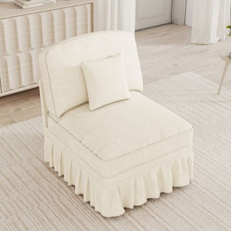 Canapé 1 place sans accoudoirs en chenille avec fils argentés – Design elegant – Avec coussin et jupe à volants amovible – Idéal pour salon et petit espace – 78×83×93 cm – Beige (1/5)