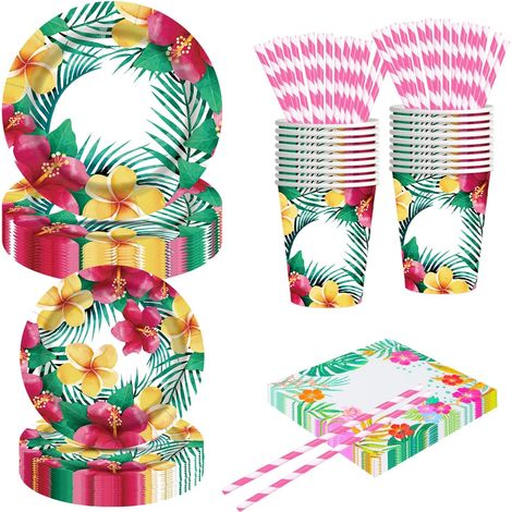 Lot de 100 sets de table pour fête hawaïenne avec assiettes en papier flamants roses hawaïens gobelets en papier, serviettes de table, décorations pour fête hawaïenne, pour fête hawaïenne (1/5)