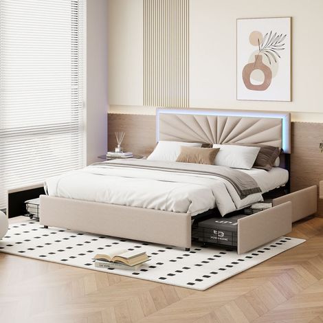 Bett 160x200 cm mit Lattenrost und integrierten LEDs, Bett für 2 Personen, Gepolstertes Bett mit 4 Schubladen, Verstellbare Kopfteilhöhe, Leinen