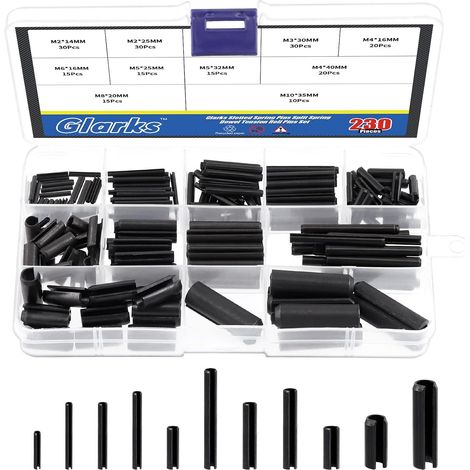 230 pièces 11 tailles Kit de goupilles cylindriques, M2 M3 M4 M5 M6 M8 M10 Goupilles fendues à ressort Chevilles à ressort Assortiment de quincaillerie pour bricolage, réparation automobile (1/5)