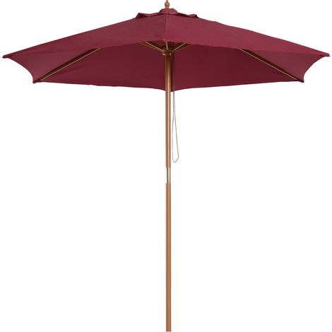 Ombrellone da Giardino Rotondo, in Legno e Poliestere con Apertura a Corda, 2.5x2.3 m, Bordeaux
